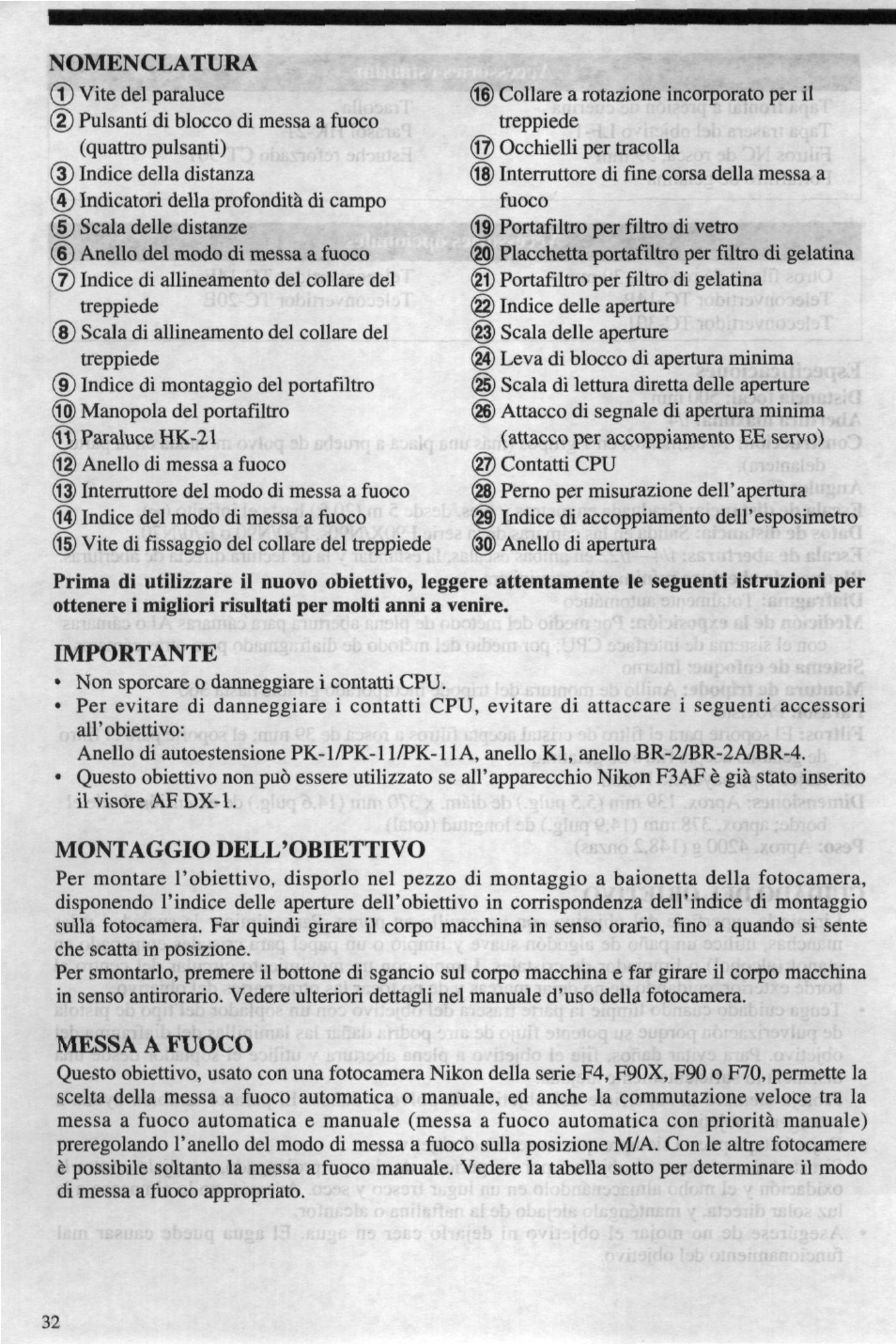 Nomenclatura, Importante, Montaggio dell’obiettivo | Messa a fuoco | Nikon 4DIF User Manual | Page 32 / 40