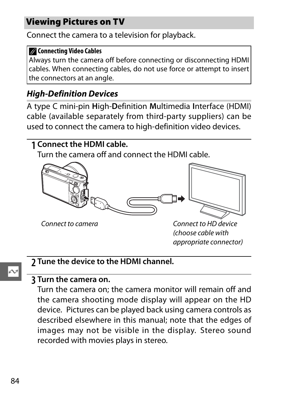 Viewing pictures on tv, High-definition devices | Nikon J1 User Manual | Page 104 / 216