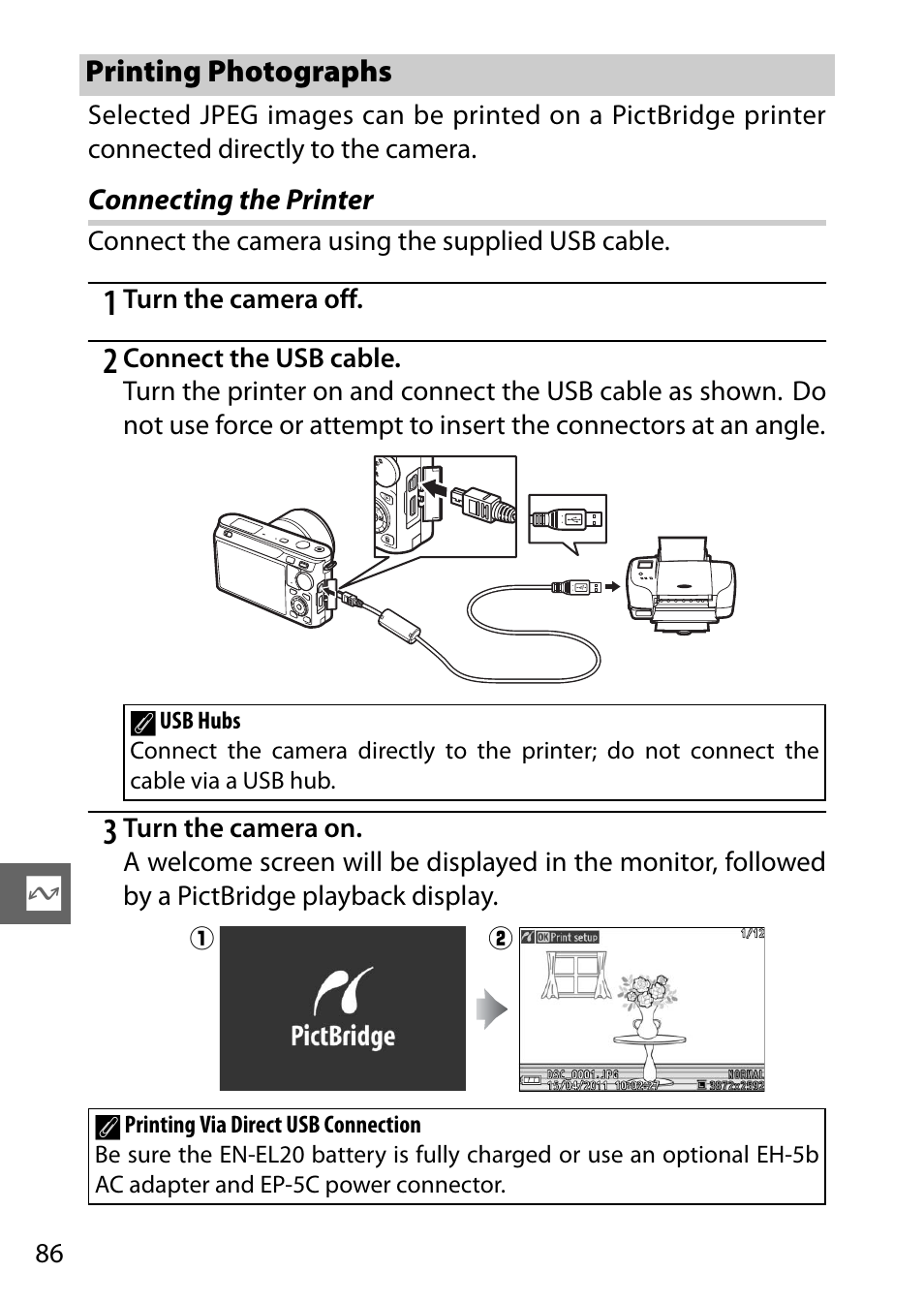 Printing photographs, Connecting the printer | Nikon J1 User Manual | Page 106 / 216