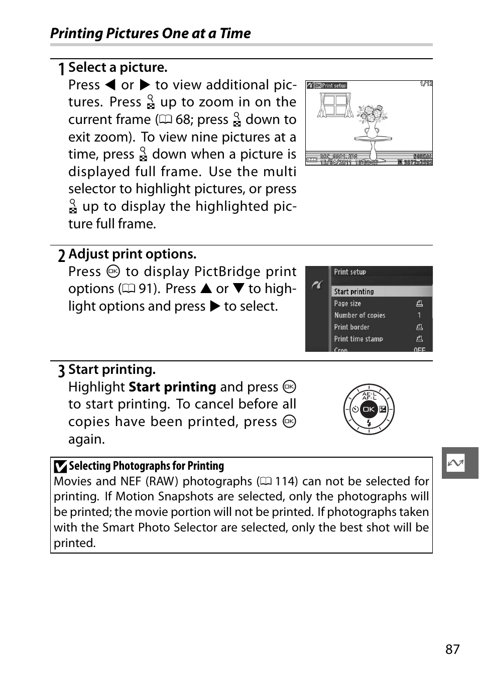 Printing pictures one at a time | Nikon J1 User Manual | Page 107 / 216