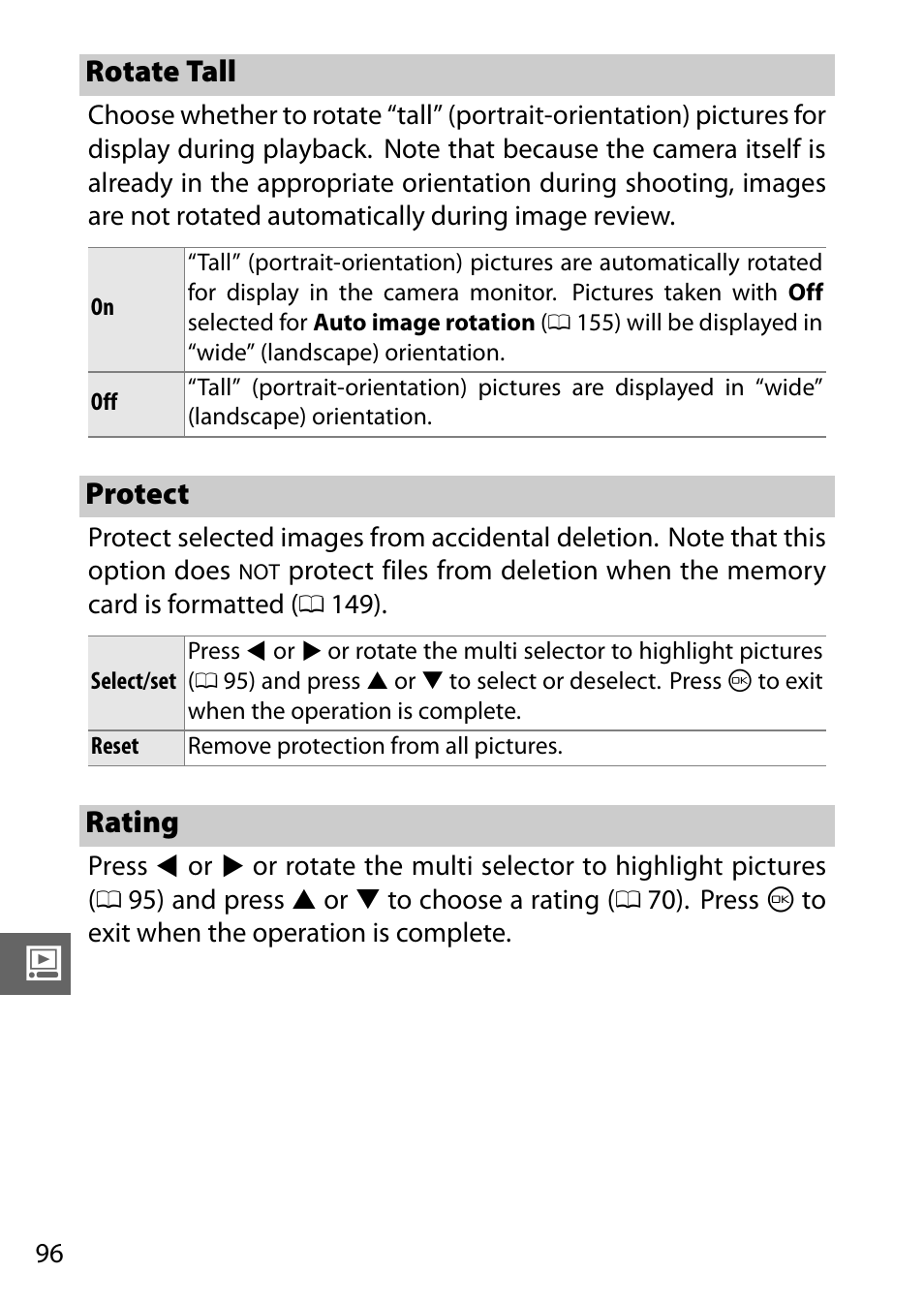 Rotate tall, Protect, Rating | Rotate tall protect rating | Nikon J1 User Manual | Page 116 / 216