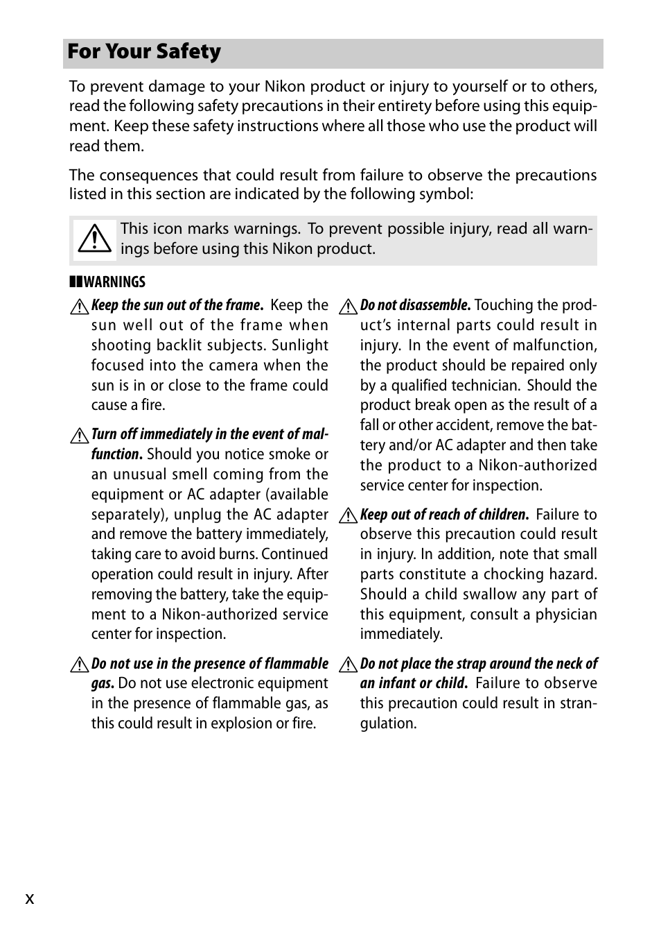 For your safety | Nikon J1 User Manual | Page 12 / 216