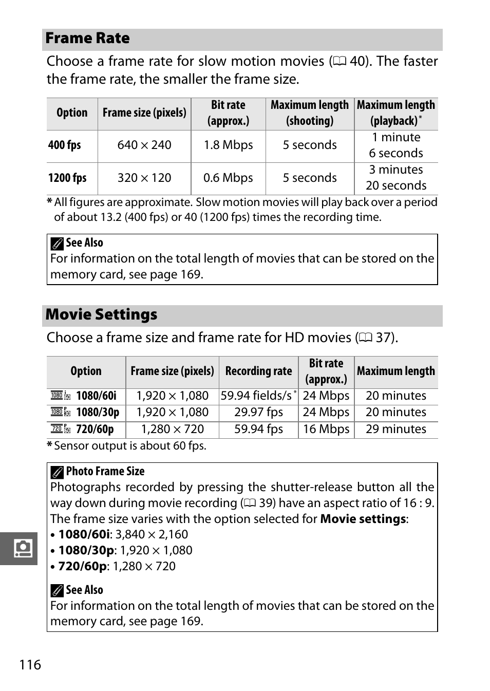 Frame rate, Movie settings, Frame rate movie settings | Ached, 0 116), the memor, Ge 116 | Nikon J1 User Manual | Page 136 / 216