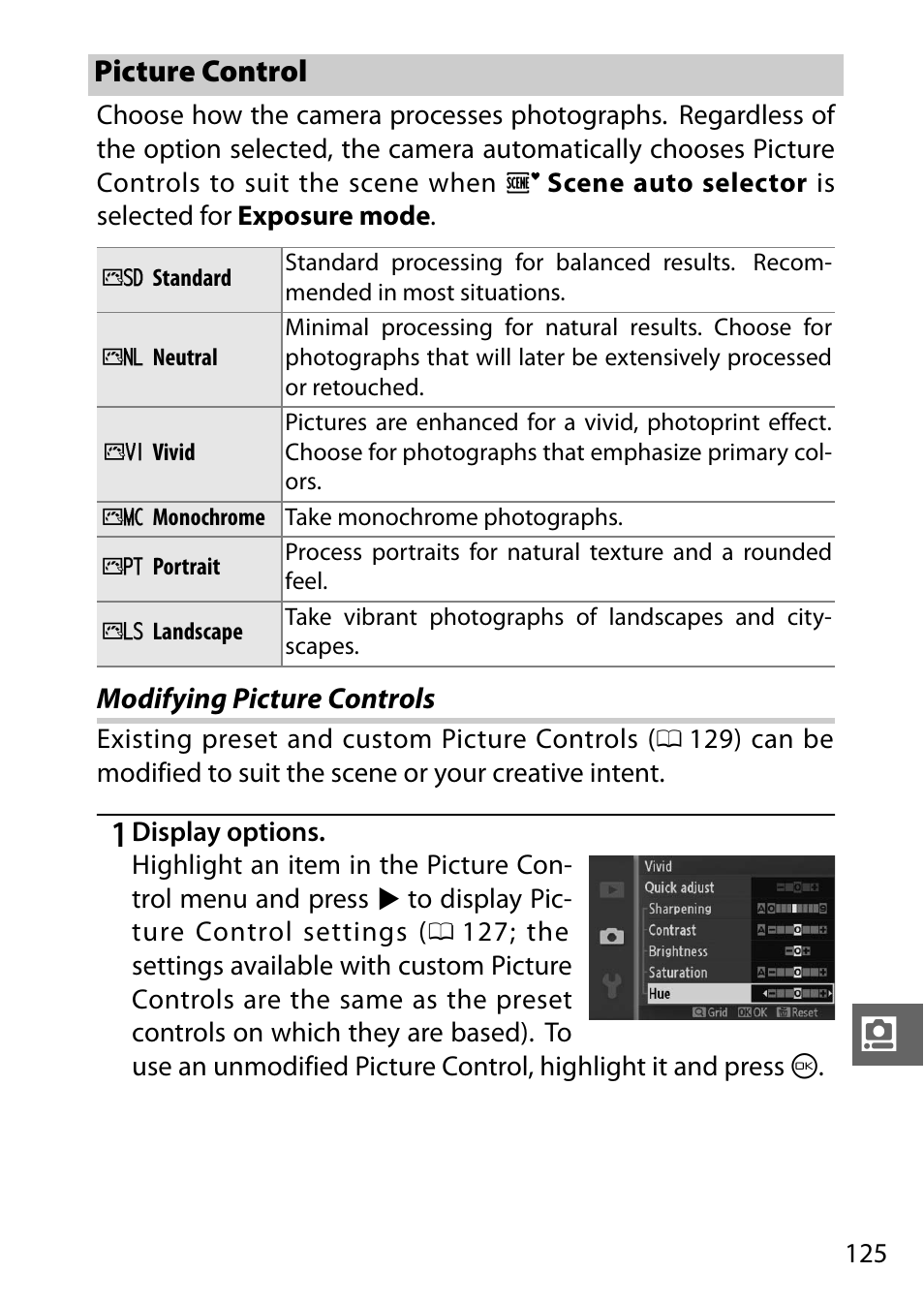 Picture control, Modifying picture controls | Nikon J1 User Manual | Page 145 / 216