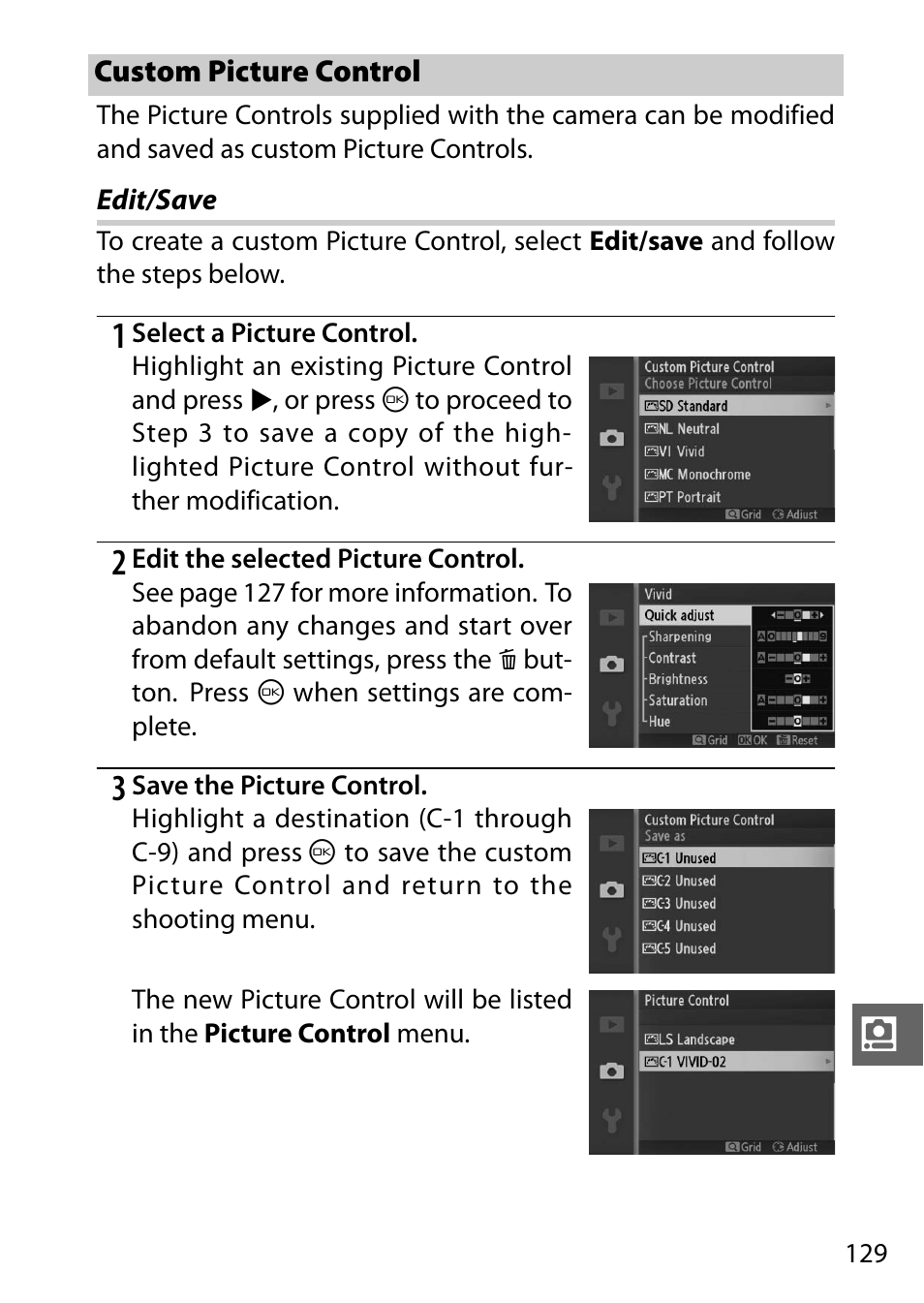 Custom picture control, Edit/save | Nikon J1 User Manual | Page 149 / 216