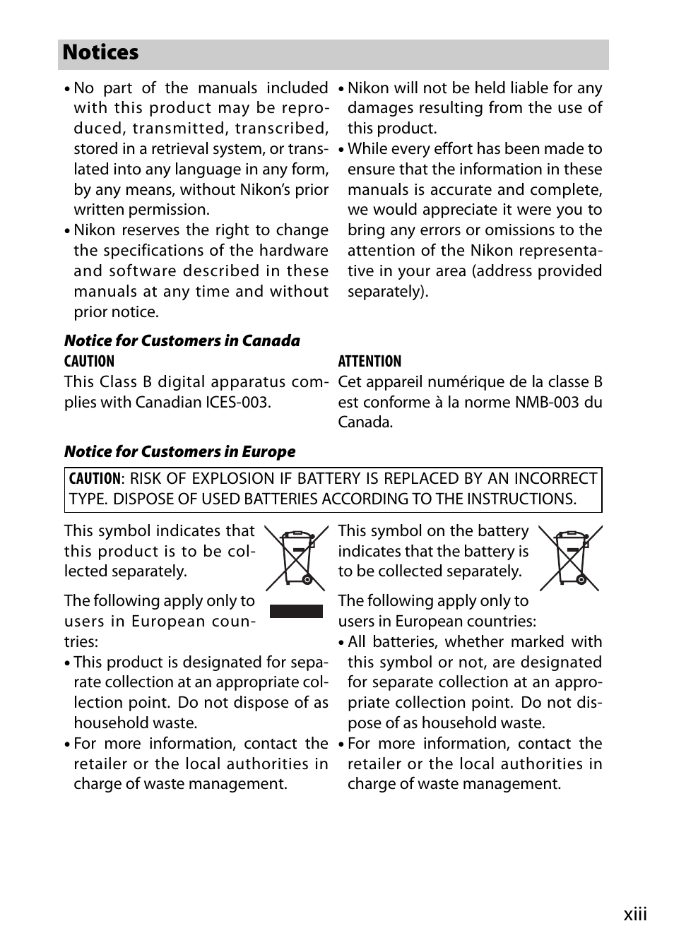 Notices, Xiii | Nikon J1 User Manual | Page 15 / 216