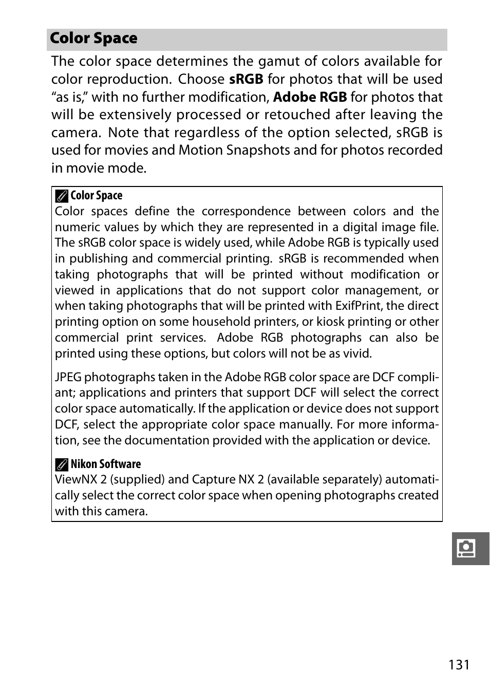 Color space, 0 131) ha | Nikon J1 User Manual | Page 151 / 216