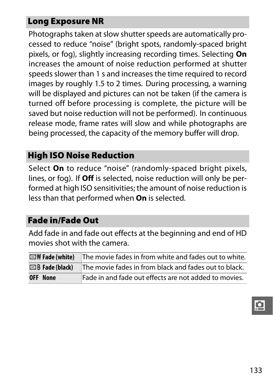 Long exposure nr, High iso noise reduction, Fade in/fade out | Nikon J1 User Manual | Page 153 / 216