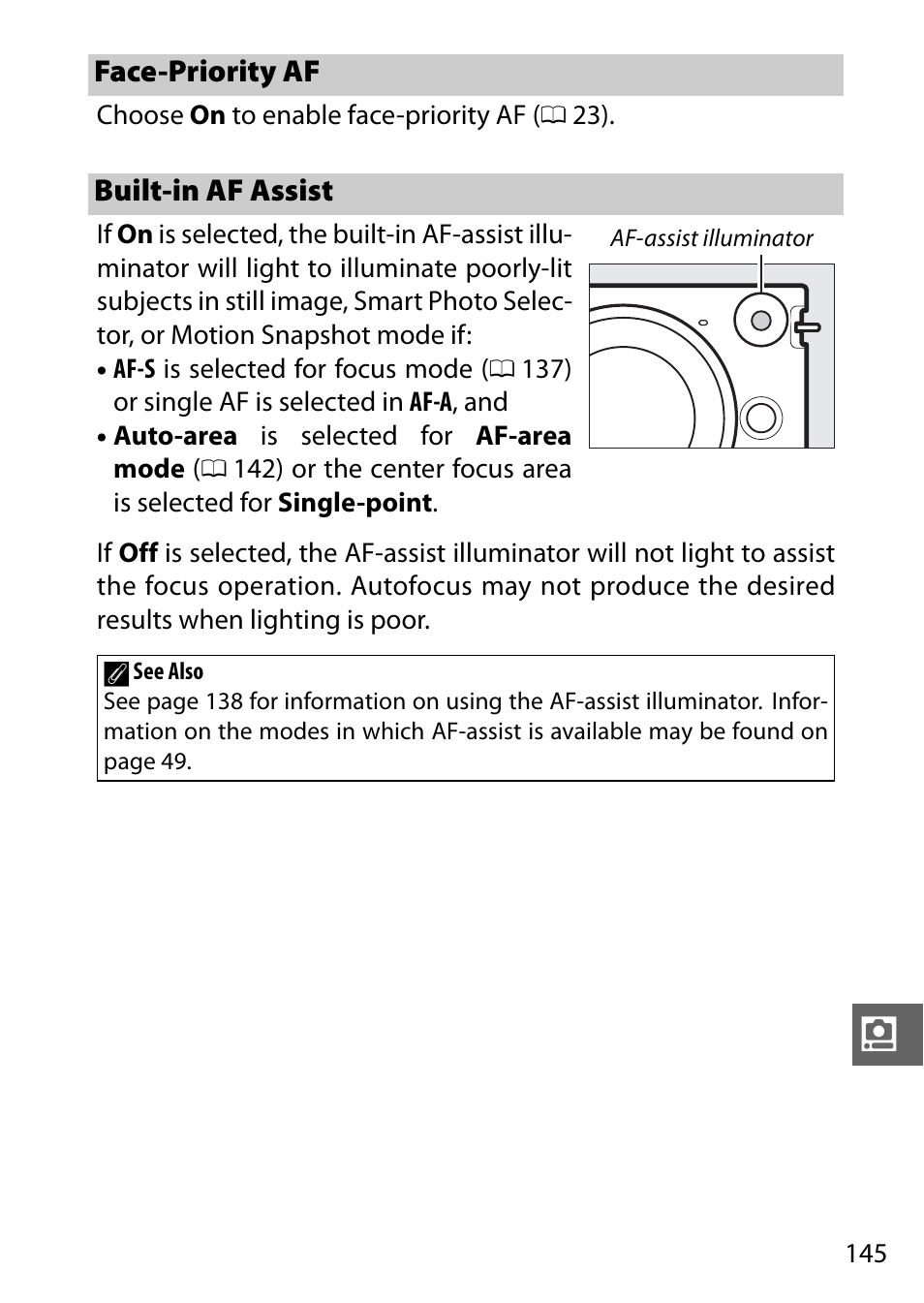 Face-priority af, Built-in af assist, Face-priority af built-in af assist | Nikon J1 User Manual | Page 165 / 216