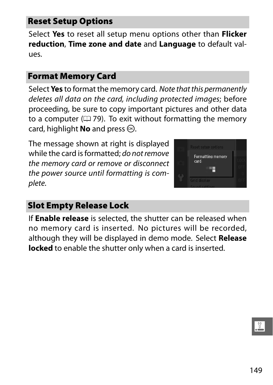 Reset setup options, Format memory card, Slot empty release lock | Nikon J1 User Manual | Page 169 / 216