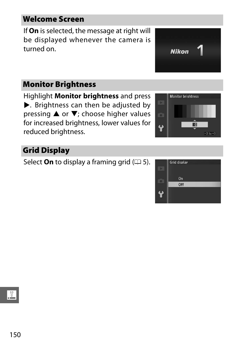 Welcome screen, Monitor brightness, Grid display | Welcome screen monitor brightness grid display | Nikon J1 User Manual | Page 170 / 216