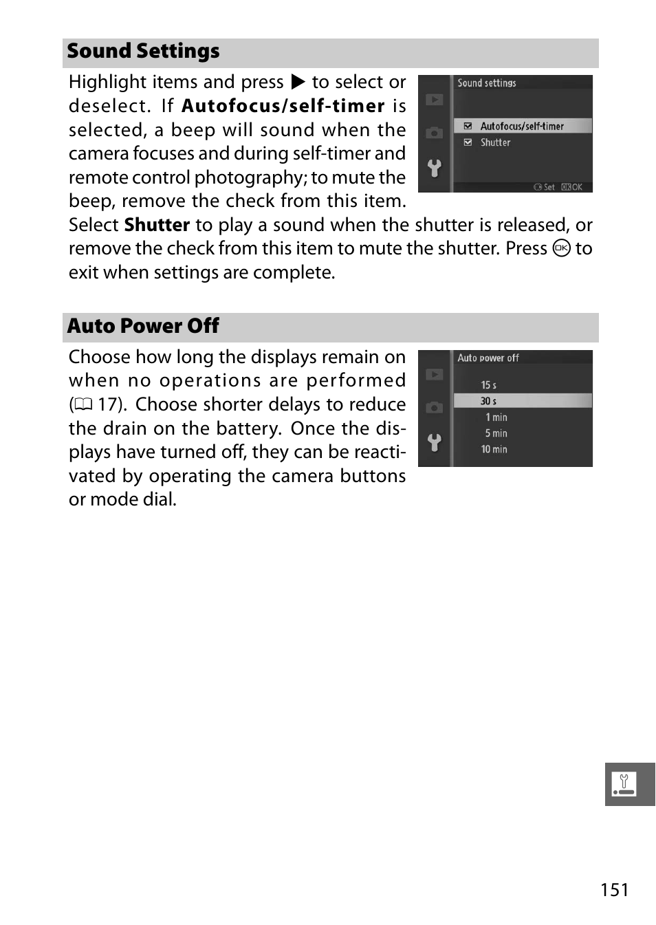 Sound settings, Auto power off, Sound settings auto power off | 151 f | Nikon J1 User Manual | Page 171 / 216