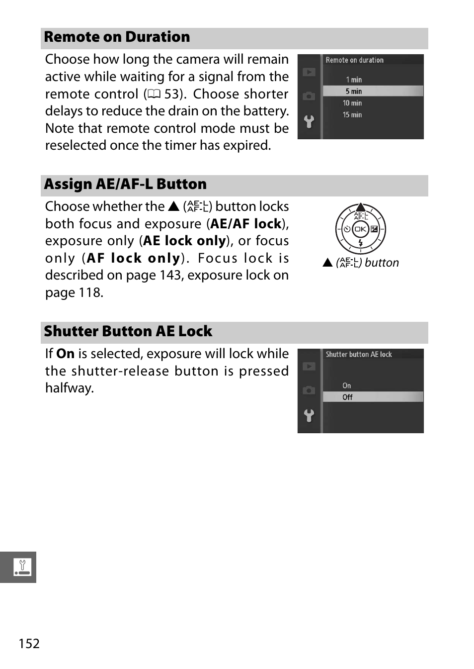 Remote on duration, Assign ae/af-l button, Shutter button ae lock | Nikon J1 User Manual | Page 172 / 216