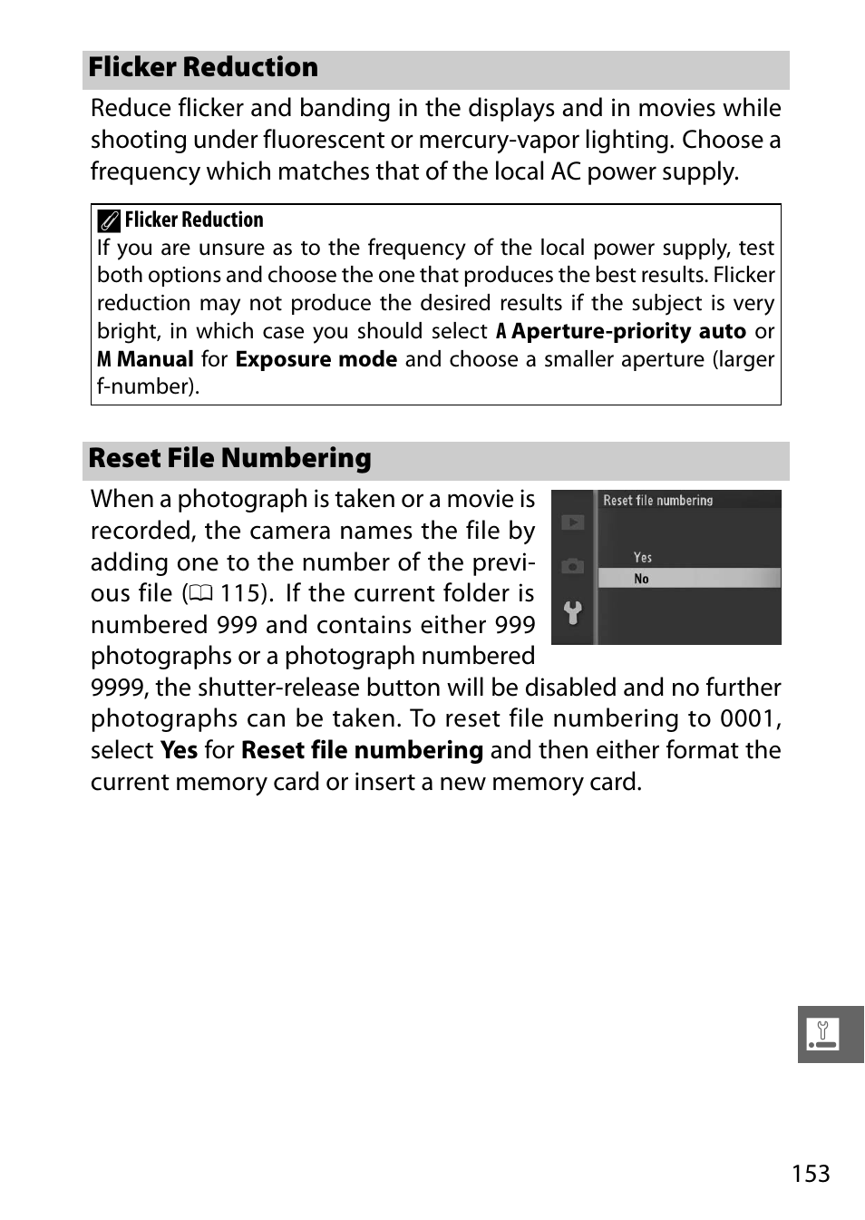 Flicker reduction, Reset file numbering, Flicker reduction reset file numbering | Nikon J1 User Manual | Page 173 / 216