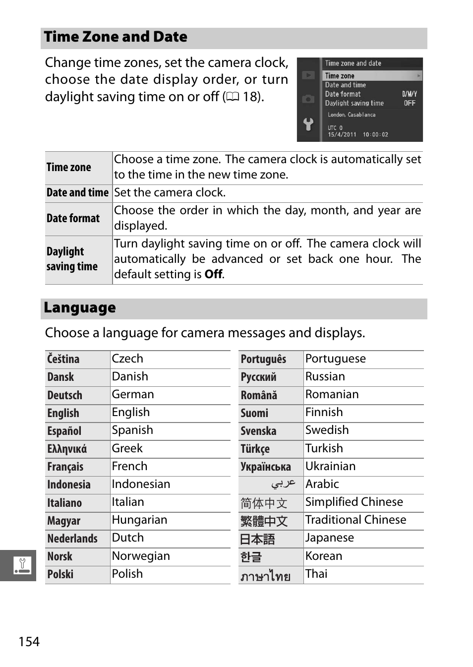 Time zone and date, Language, Time zone and date language | Nikon J1 User Manual | Page 174 / 216