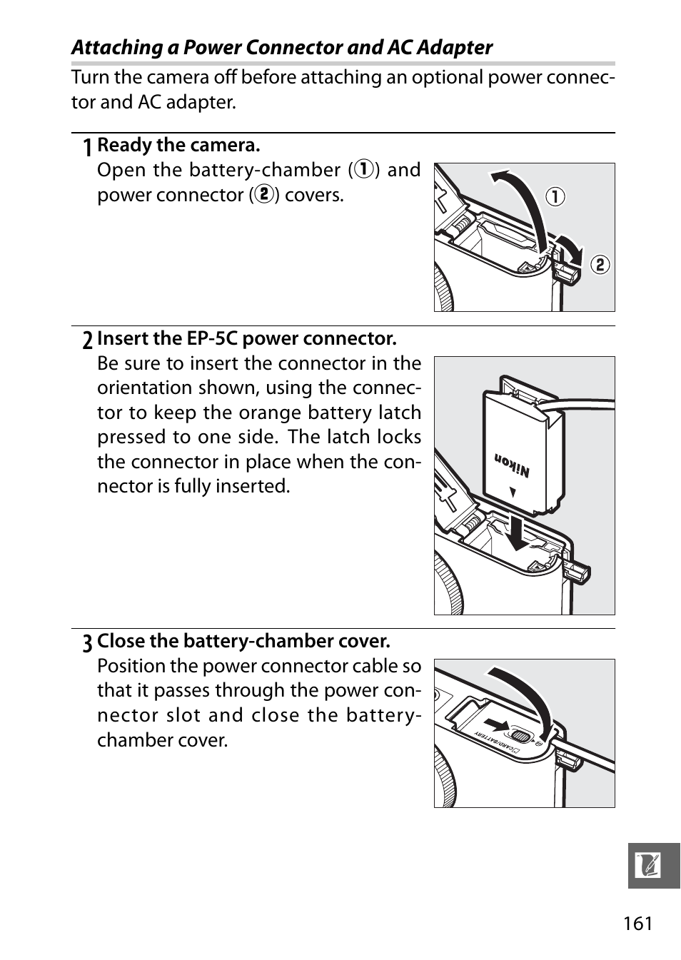 Attaching a power connector and ac adapter, Ge 161 f | Nikon J1 User Manual | Page 181 / 216