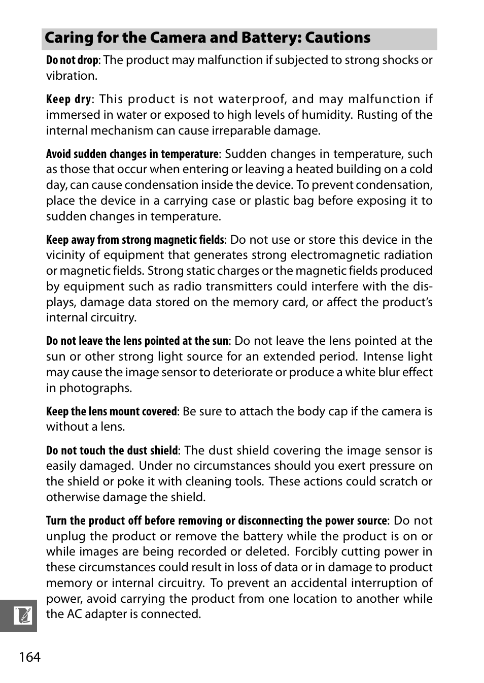 Caring for the camera and battery: cautions | Nikon J1 User Manual | Page 184 / 216