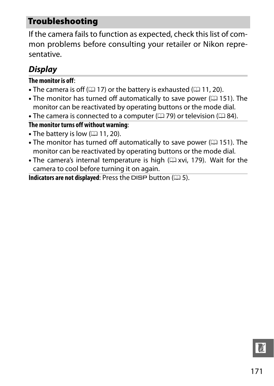 Troubleshooting, Display | Nikon J1 User Manual | Page 191 / 216