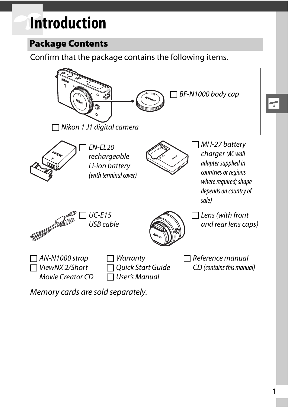 Introduction, Package contents | Nikon J1 User Manual | Page 21 / 216