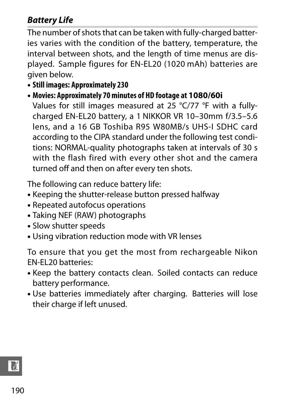 Battery life | Nikon J1 User Manual | Page 210 / 216