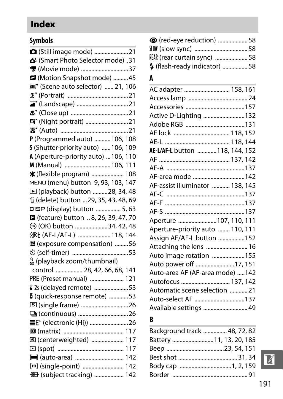 Index | Nikon J1 User Manual | Page 211 / 216