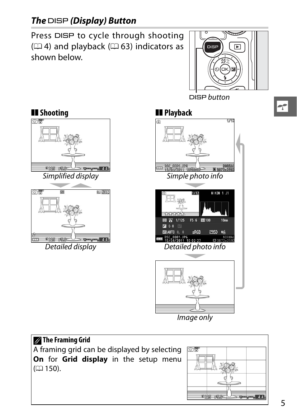 The disp (display) button, Display) button | Nikon J1 User Manual | Page 25 / 216