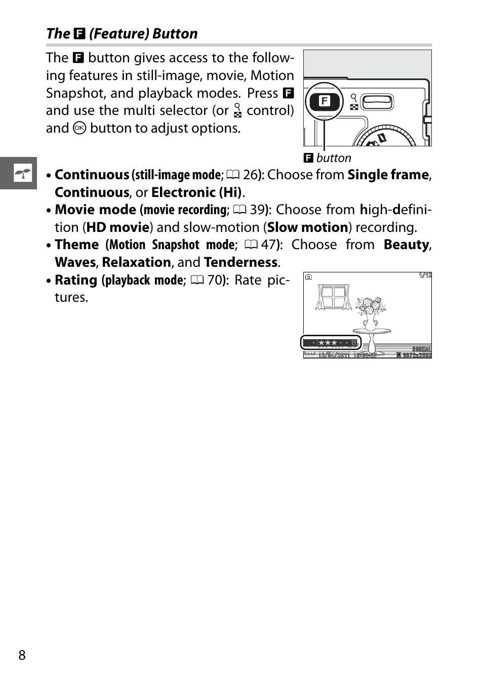 The f (feature) button, Feature) button | Nikon J1 User Manual | Page 28 / 216