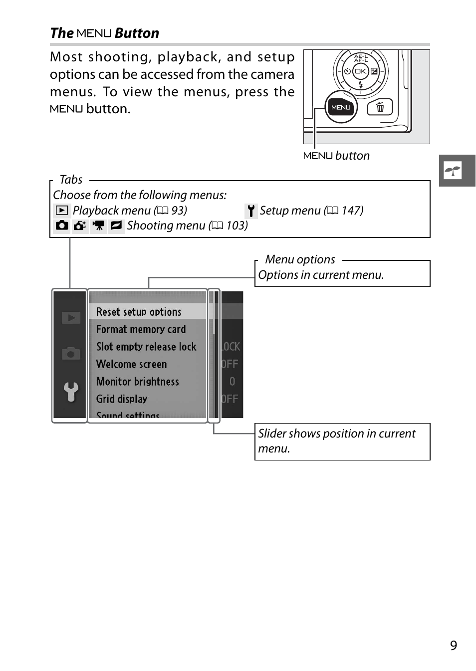 The menu button, G button | Nikon J1 User Manual | Page 29 / 216