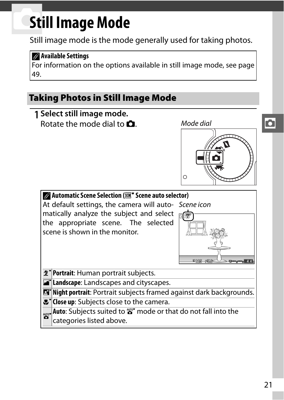 Still image mode, Taking photos in still image mode | Nikon J1 User Manual | Page 41 / 216