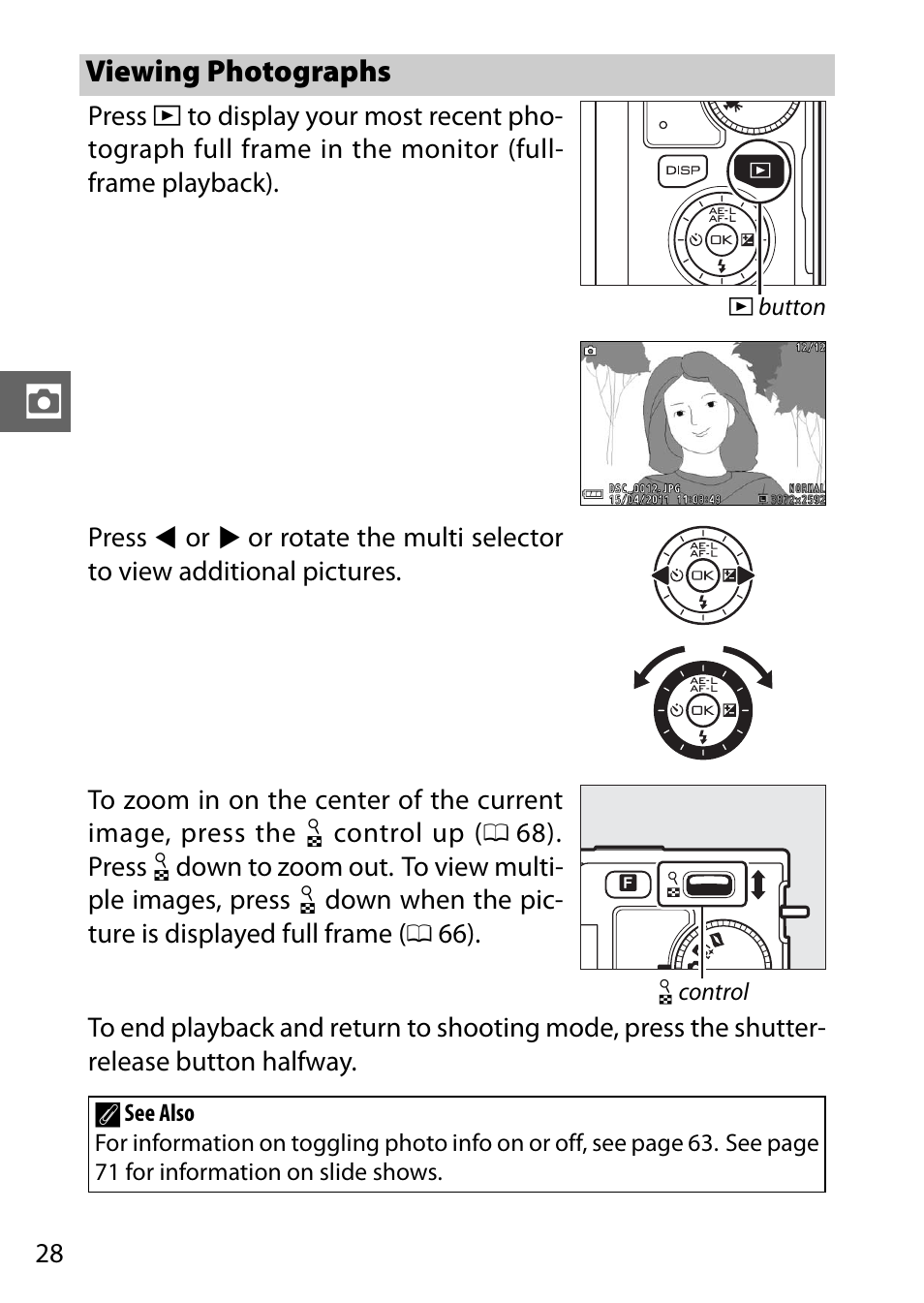 Viewing photographs | Nikon J1 User Manual | Page 48 / 216