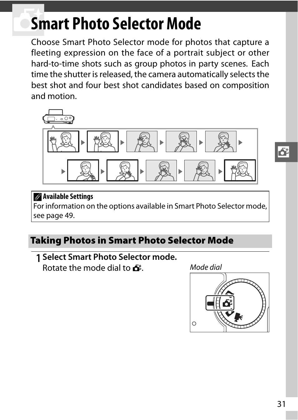 Smart photo selector mode, Taking photos in smart photo selector mode, 0 31) t | Nikon J1 User Manual | Page 51 / 216