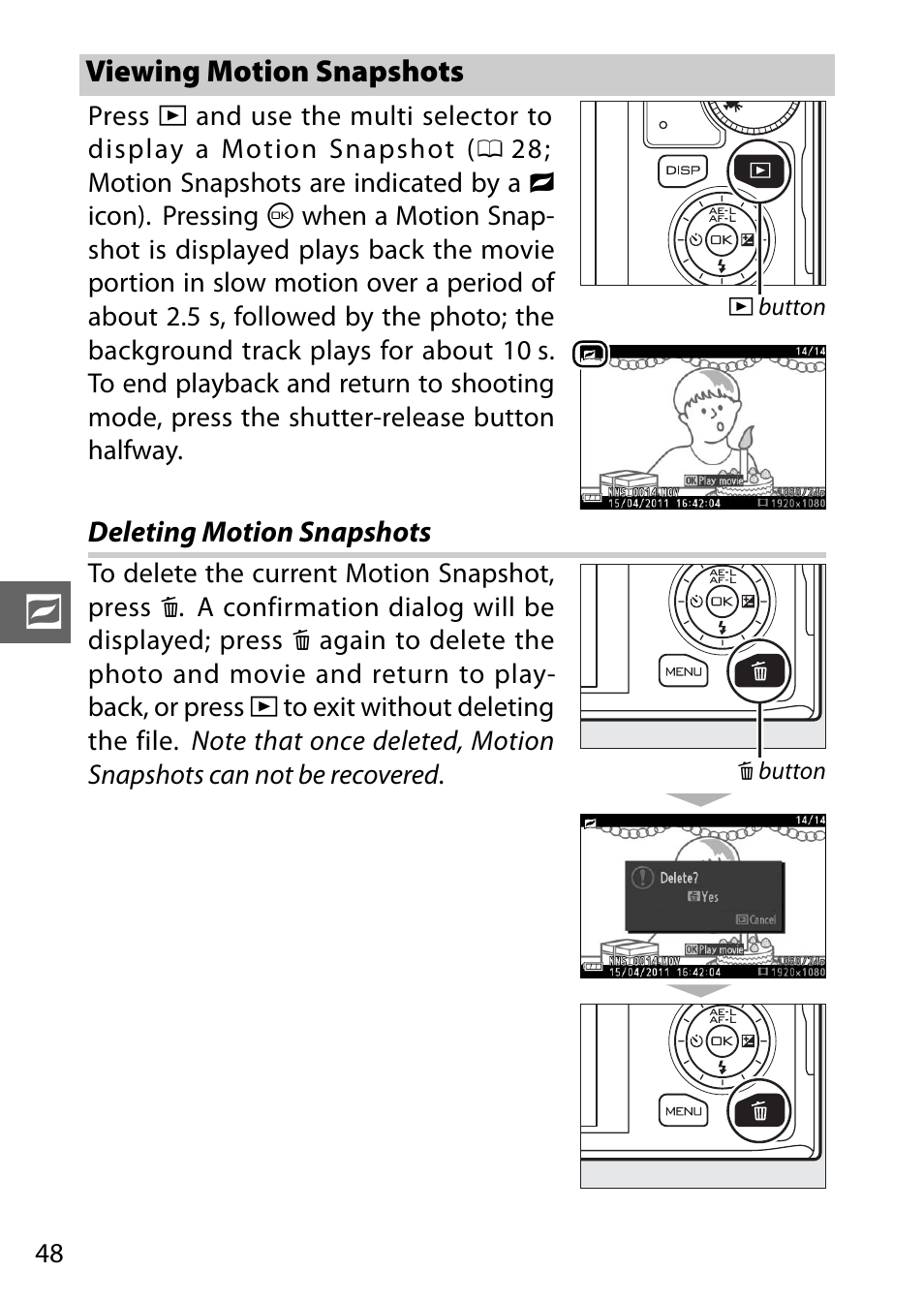 Viewing motion snapshots, Deleting motion snapshots | Nikon J1 User Manual | Page 68 / 216