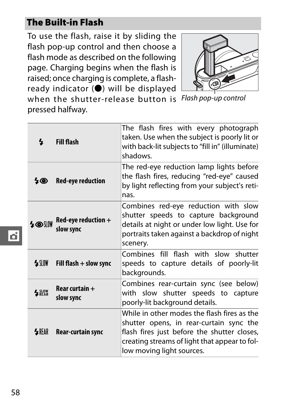 The built-in flash, 0 58) i | Nikon J1 User Manual | Page 78 / 216