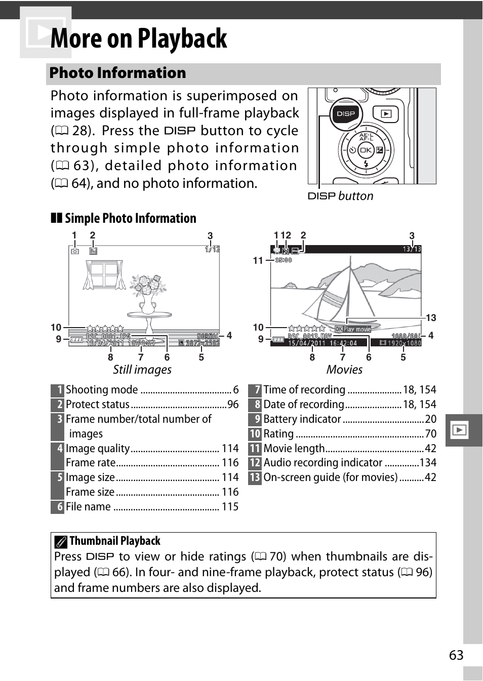 More on playback, Photo information, 0 63) indicat | Ge 63 | Nikon J1 User Manual | Page 83 / 216