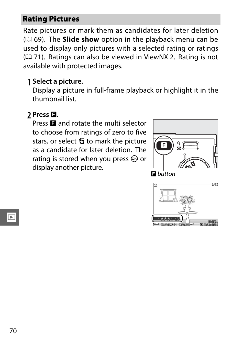 Rating pictures, 0 70) when | Nikon J1 User Manual | Page 90 / 216