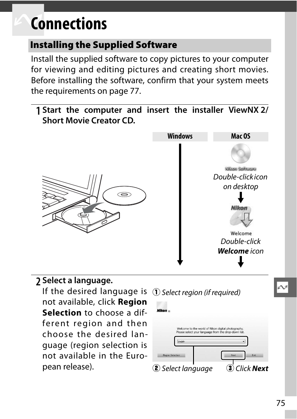 Connections, Installing the supplied software | Nikon J1 User Manual | Page 95 / 216