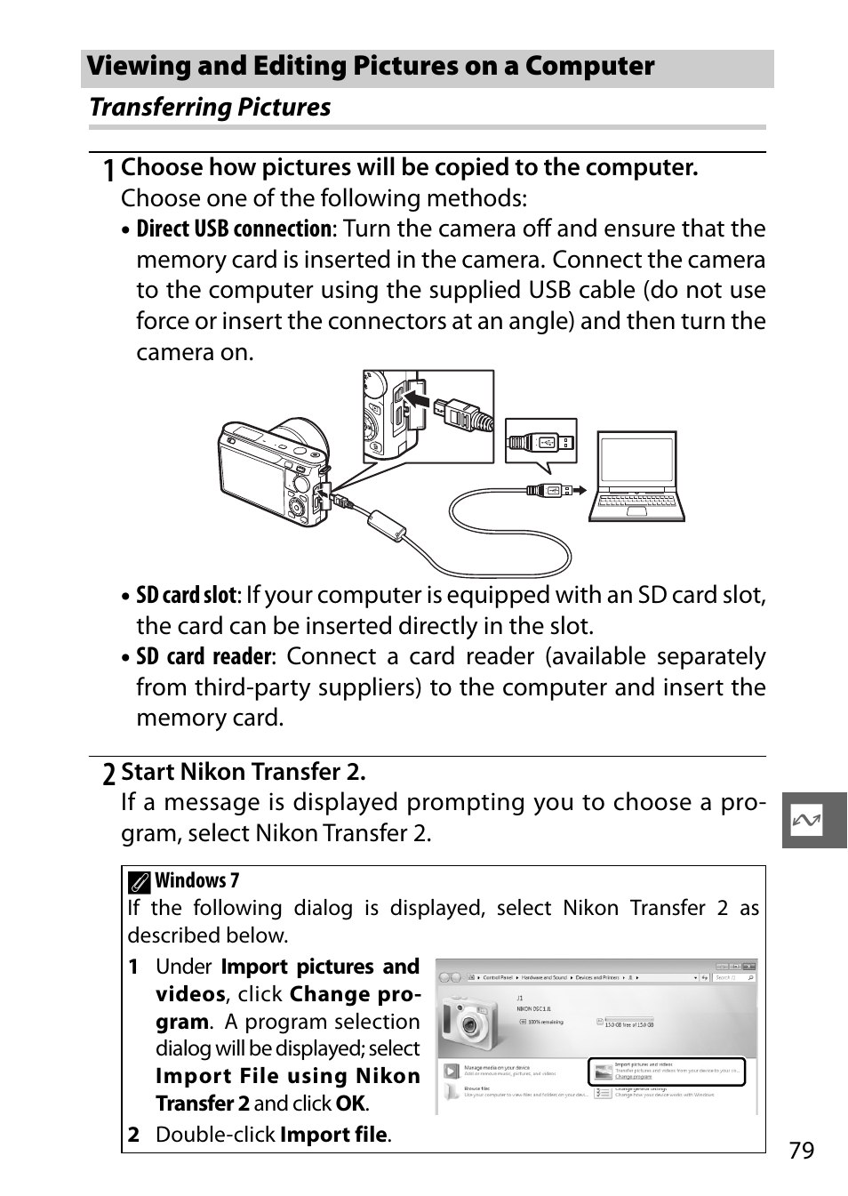 Viewing and editing pictures on a computer, Transferring pictures, 0 79), and | Nikon J1 User Manual | Page 99 / 216