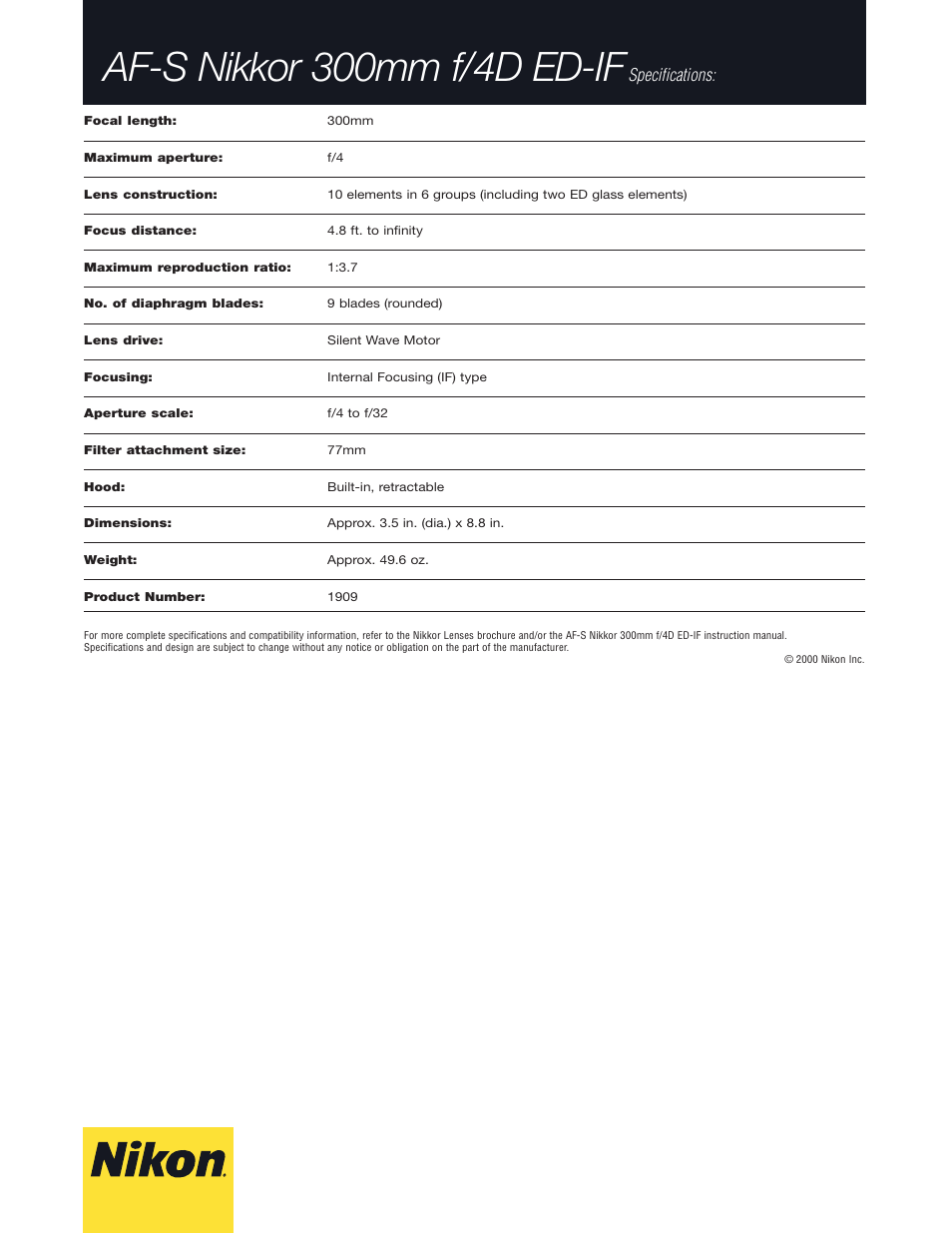 Af-s nikkor 300mm f/4d ed-if, Specifications | Nikon AF-S Nikkor User Manual | Page 2 / 2