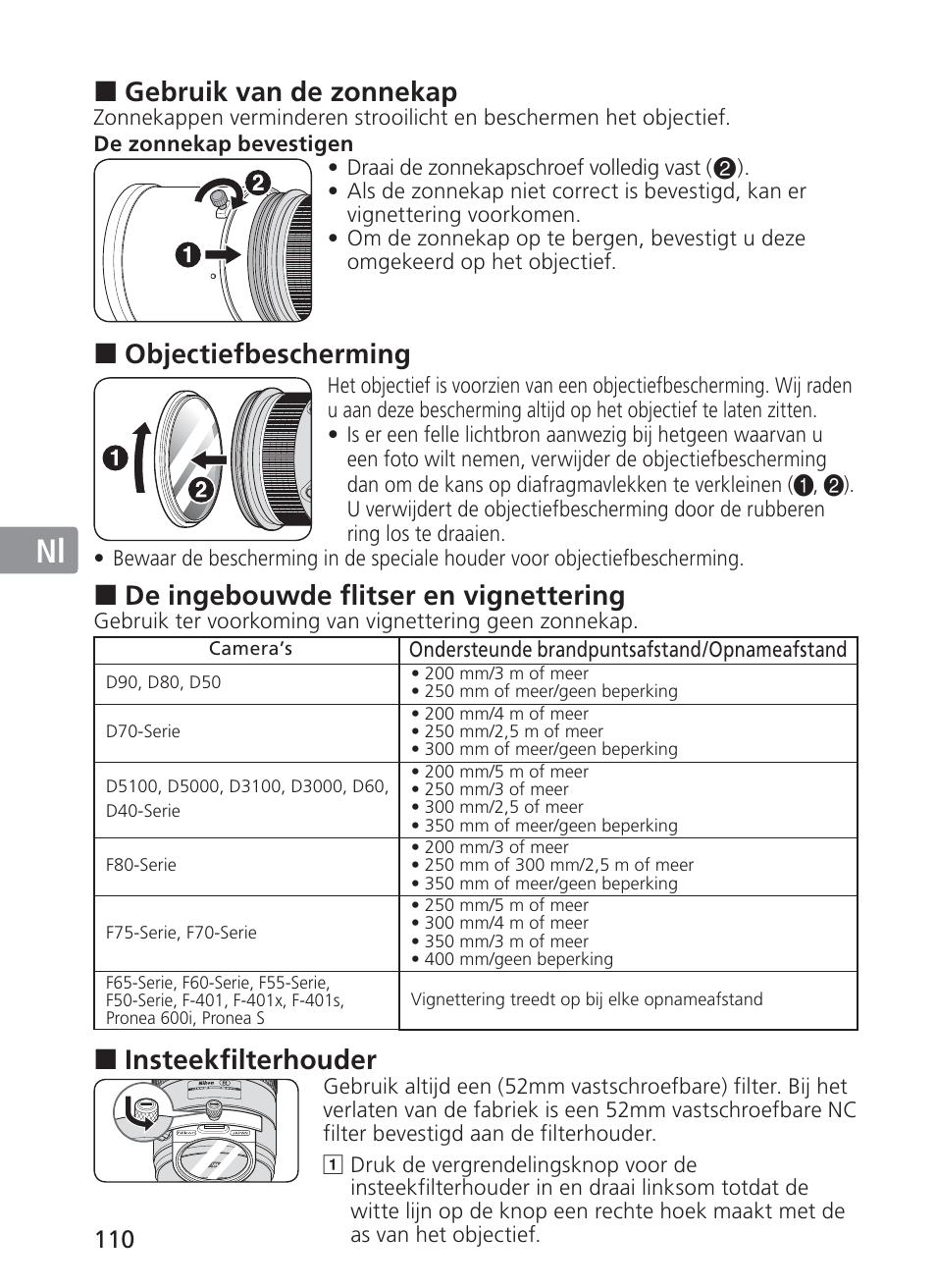 Jp en de fr es se ru nl it ck ch kr, Gebruik van de zonnekap, Objectiefbescherming | De ingebouwde flitser en vignettering, Insteekfilterhouder | Nikon AF-S NIKKOR 200-400mm f/4G ED VR II 2187 User Manual | Page 110 / 212