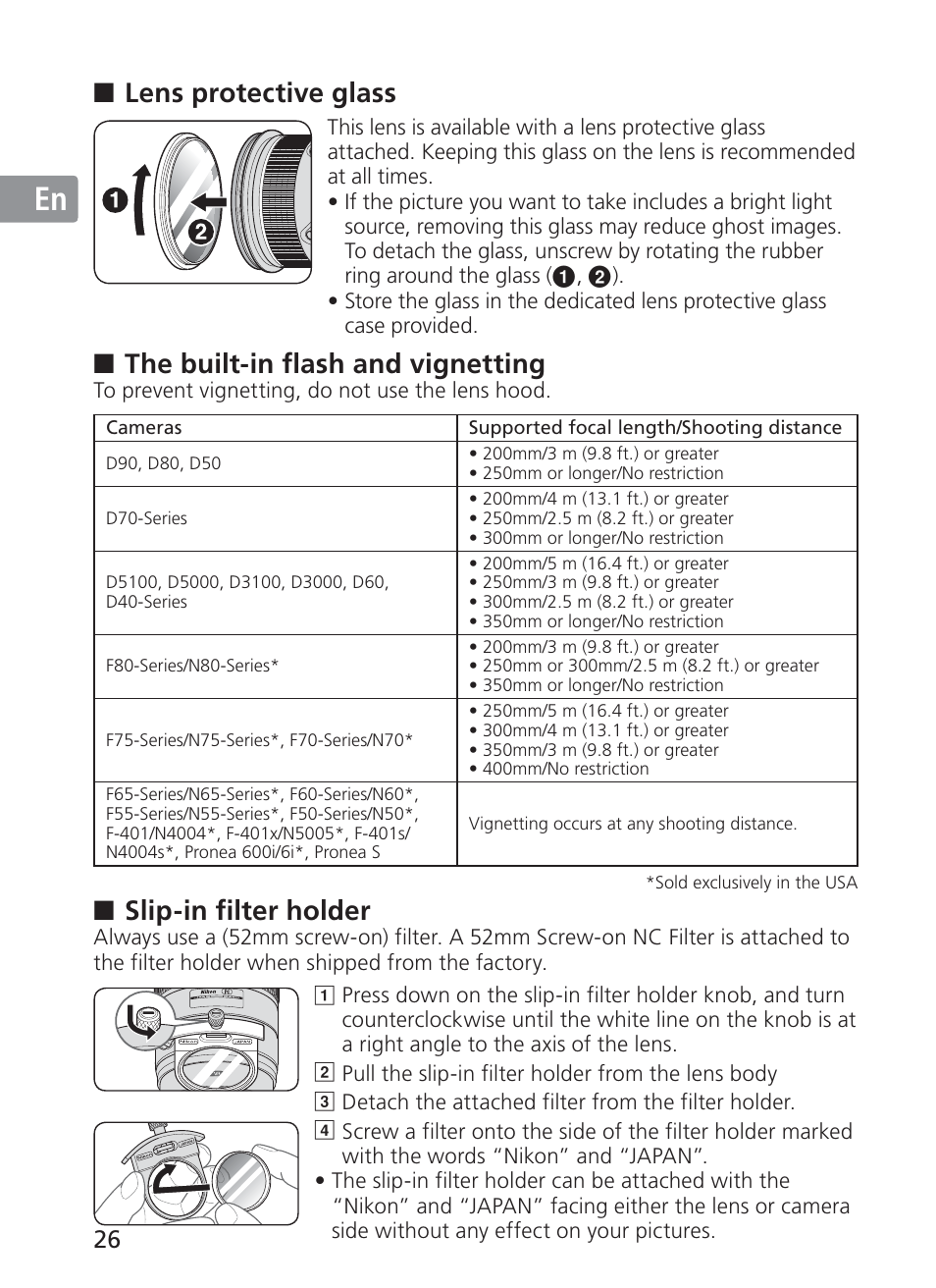 Jp en de fr es se ru nl it ck ch kr, Lens protective glass, The built-in flash and vignetting | Slip-in filter holder | Nikon AF-S NIKKOR 200-400mm f/4G ED VR II 2187 User Manual | Page 26 / 212