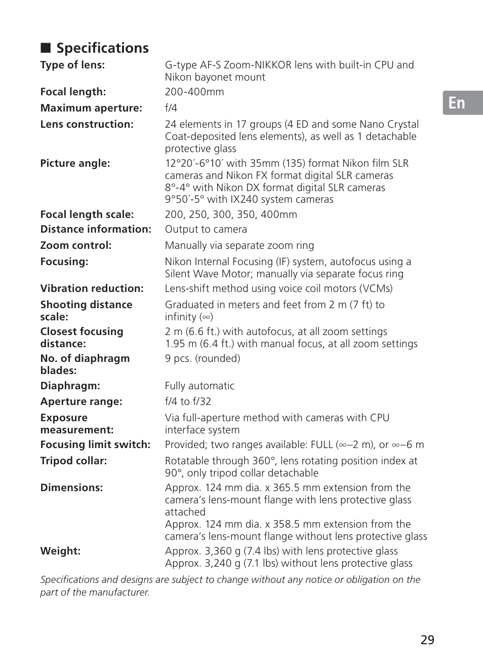 Jp en de fr es se ru nl it ck ch kr, Specifications | Nikon AF-S NIKKOR 200-400mm f/4G ED VR II 2187 User Manual | Page 29 / 212