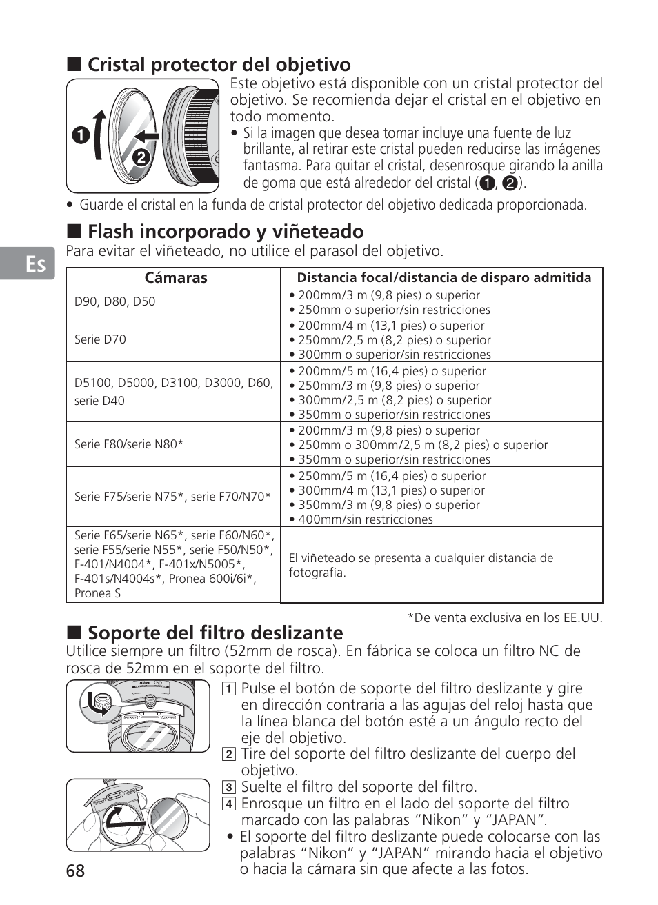 Jp en de fr es se ru nl it ck ch kr, Cristal protector del objetivo, Flash incorporado y viñeteado | Soporte del filtro deslizante | Nikon AF-S NIKKOR 200-400mm f/4G ED VR II 2187 User Manual | Page 68 / 212