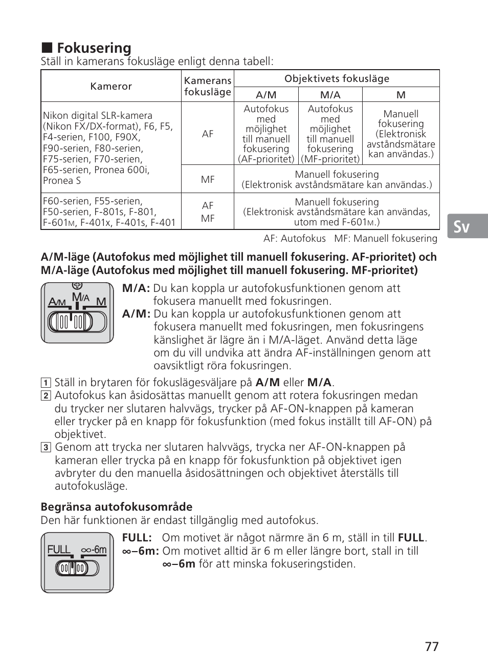 Jp en de fr es sv ru nl it ck ch kr, Fokusering | Nikon AF-S NIKKOR 200-400mm f/4G ED VR II 2187 User Manual | Page 77 / 212