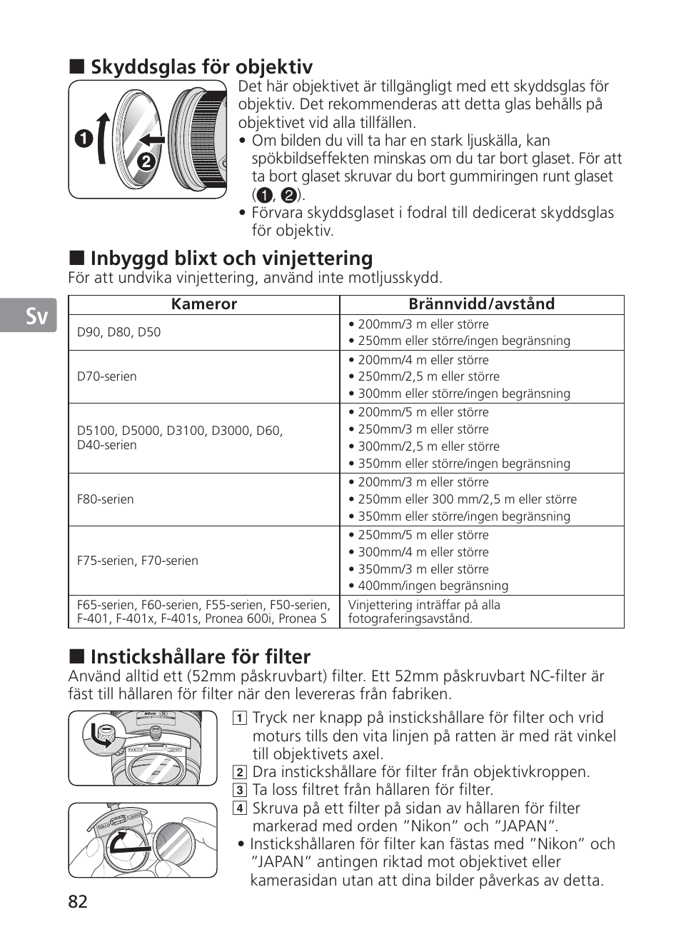 Jp en de fr es sv ru nl it ck ch kr, Skyddsglas för objektiv, Inbyggd blixt och vinjettering | Instickshållare för filter | Nikon AF-S NIKKOR 200-400mm f/4G ED VR II 2187 User Manual | Page 82 / 212