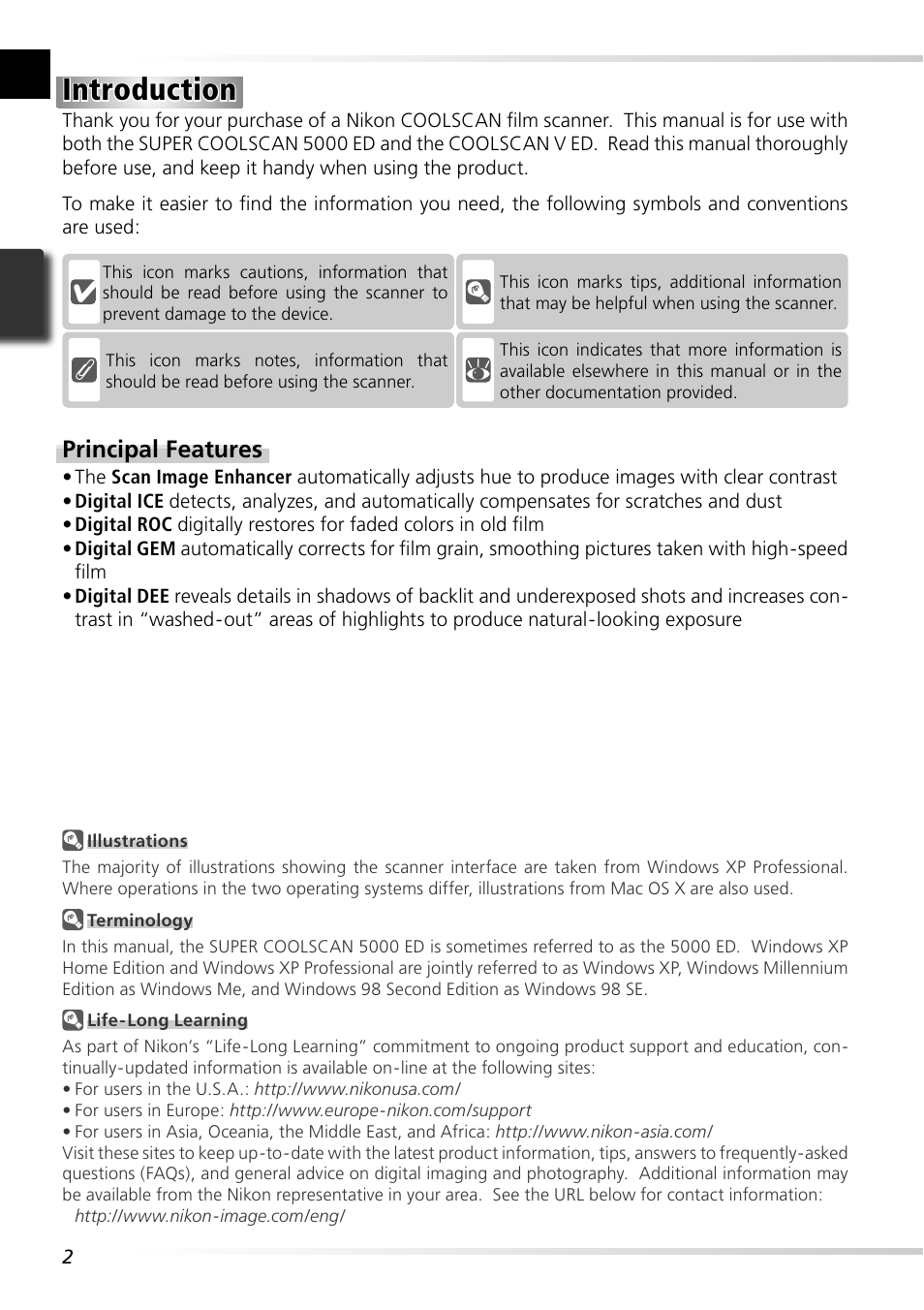 Introduction, Principal features | Nikon 5000 ED User Manual | Page 11 / 81