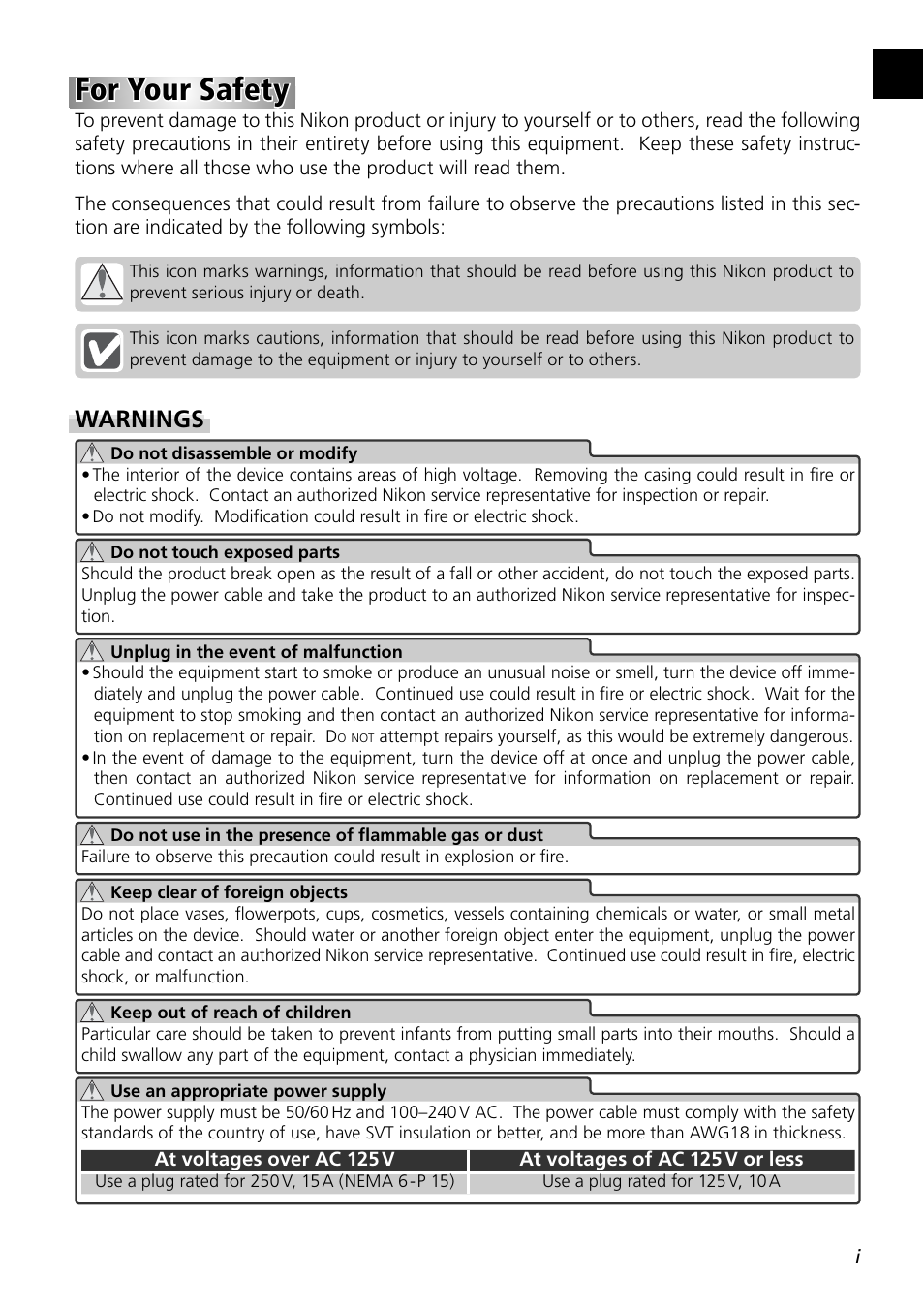 For your safety, Warnings | Nikon 5000 ED User Manual | Page 4 / 81