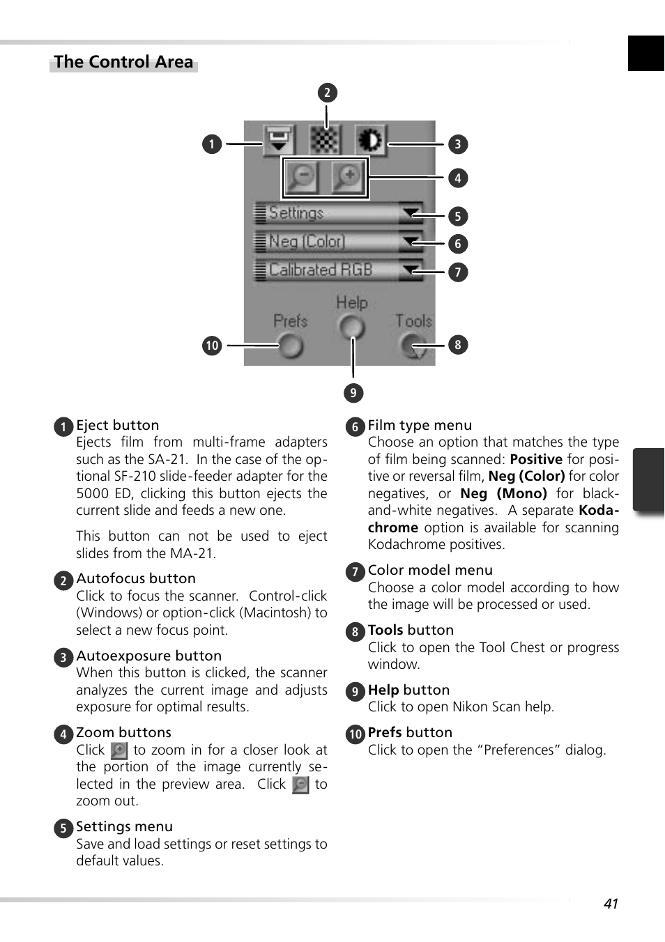 The control area | Nikon 5000 ED User Manual | Page 50 / 81