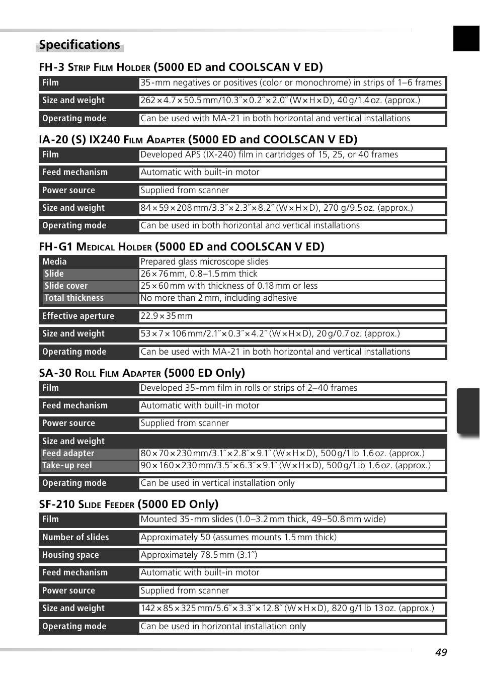 Specifi cations, Fh-3 s, 5000 ed and coolscan v ed) | Fh-g1 m, Sa-30 r, 5000 ed only), Sf-210 s | Nikon 5000 ED User Manual | Page 58 / 81