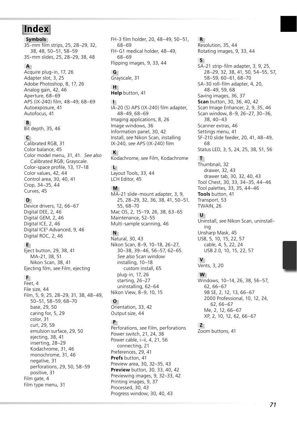 Index | Nikon 5000 ED User Manual | Page 80 / 81