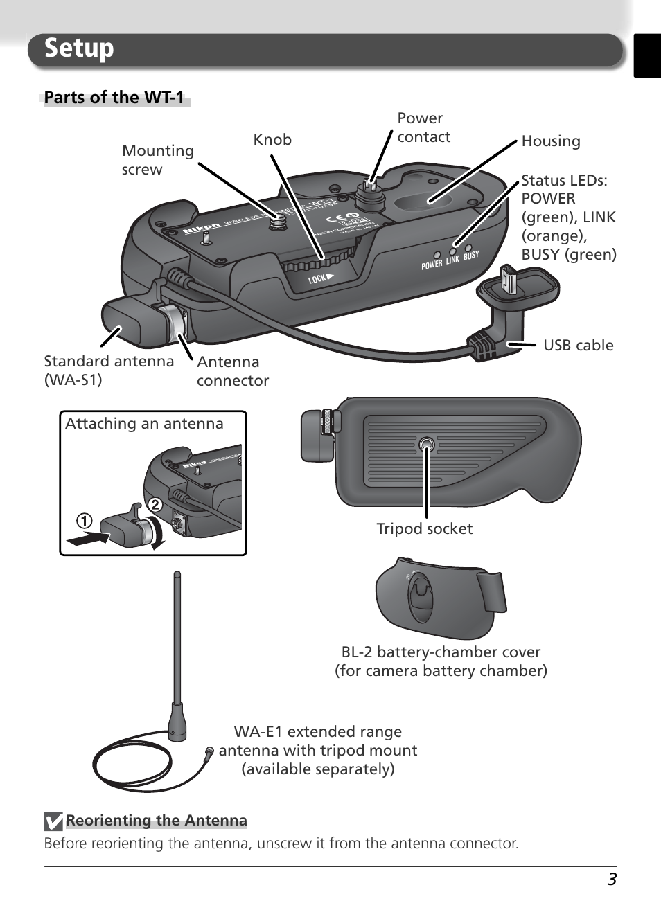 Setup, Parts of the wt-1 | Nikon WT-1 User Manual | Page 10 / 137